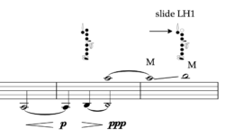 overblown multiphonic with finger sliding off to create glissando and destabilise