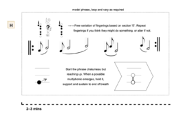 quasi-graphic notation showing rhythmic framework and instructions for how to respond to emergent multiphonics